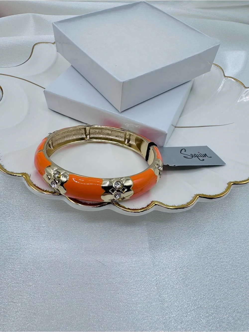 Orange Enamel Gold Tone Crystal Floral Hinged Bangle Bracelet
